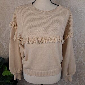 Joie Size Small Beige Fringed Ribbed Pullover Sweater Cotton/Cashmere Blend NWT
